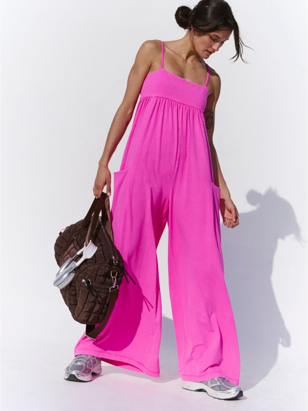 Free People Hot Shot Bright Pink Wide-Leg Jumpsuit romper with Spaghetti Straps